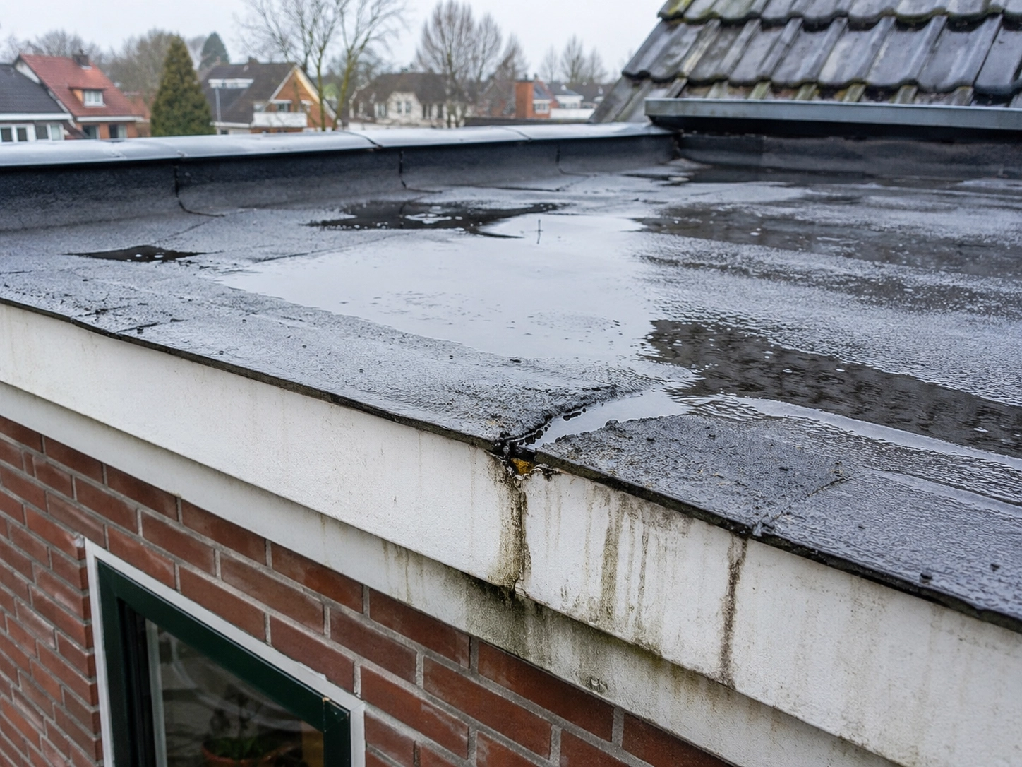 Waterplassen op beschadigde dakbedekking bij een dakrand en muur
